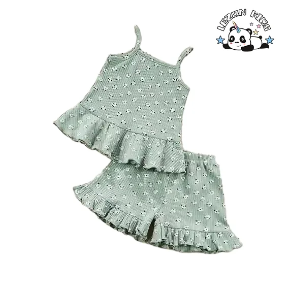 LEZONKIDS - Customizable Summer Girls Clothing Set Floral Ruffled Strap Crop Tops Shorts Pants Cotton Casual Western Style with Logo Pattern